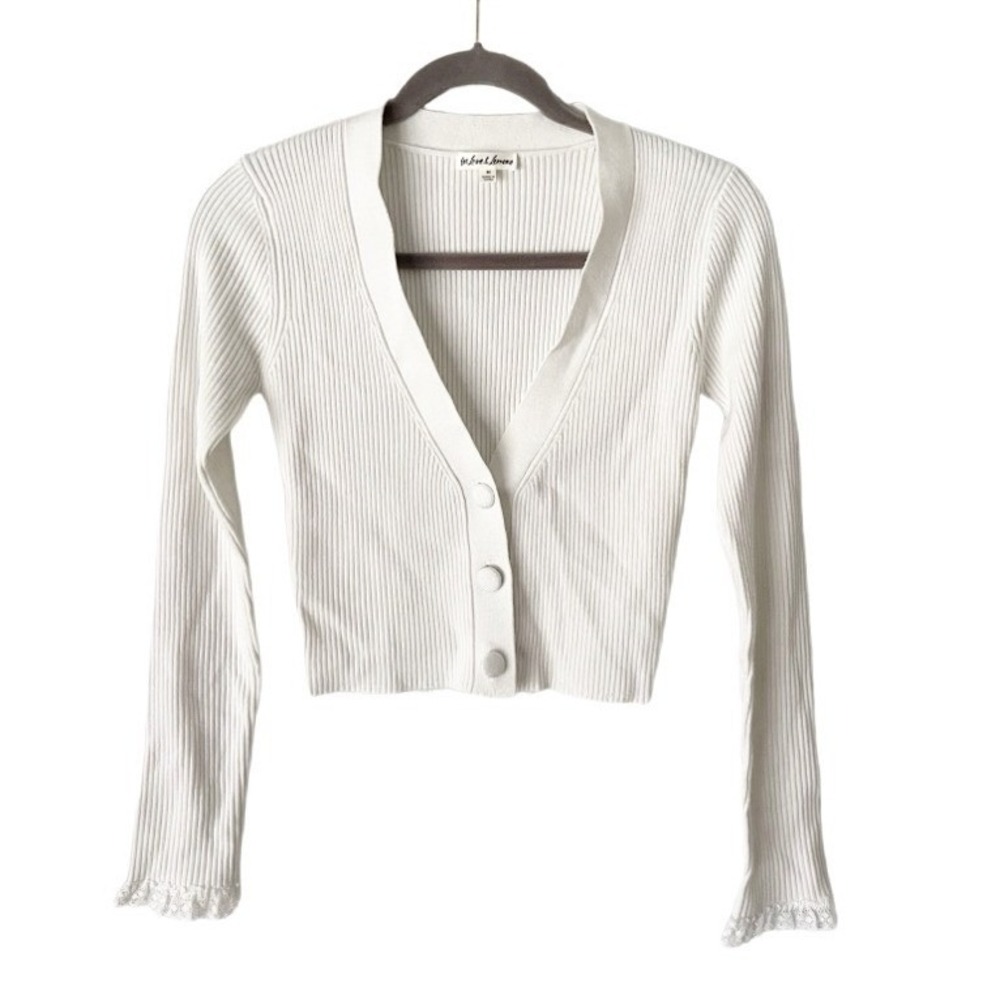 For Love & Lemons White Ribbed Knit Cardigan Lace Trim Medium Coquette Girly